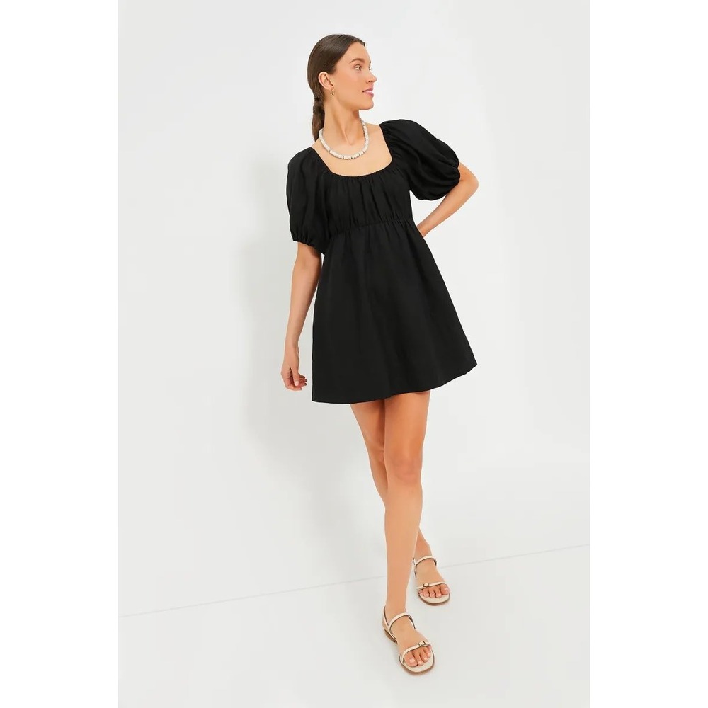 Tuckernuck Pomander Place Black Ares Linen Blend Puff Sleeve Mini Dress XS